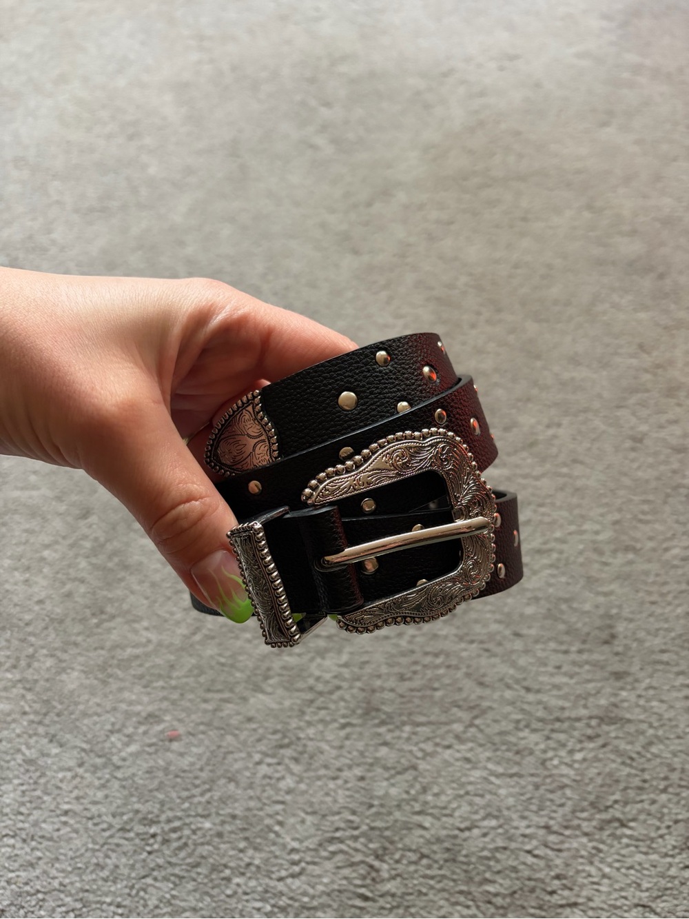 Black Studded Western-Style Leather Belt with Silver Buckle